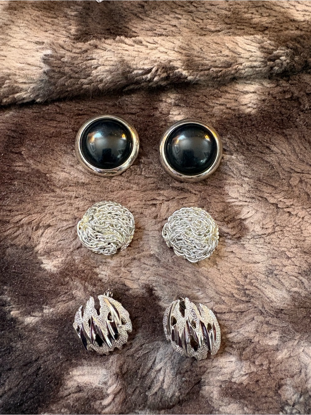 Vintage Silver-Tone and Black Clip-On Earrings - 3 Pairs